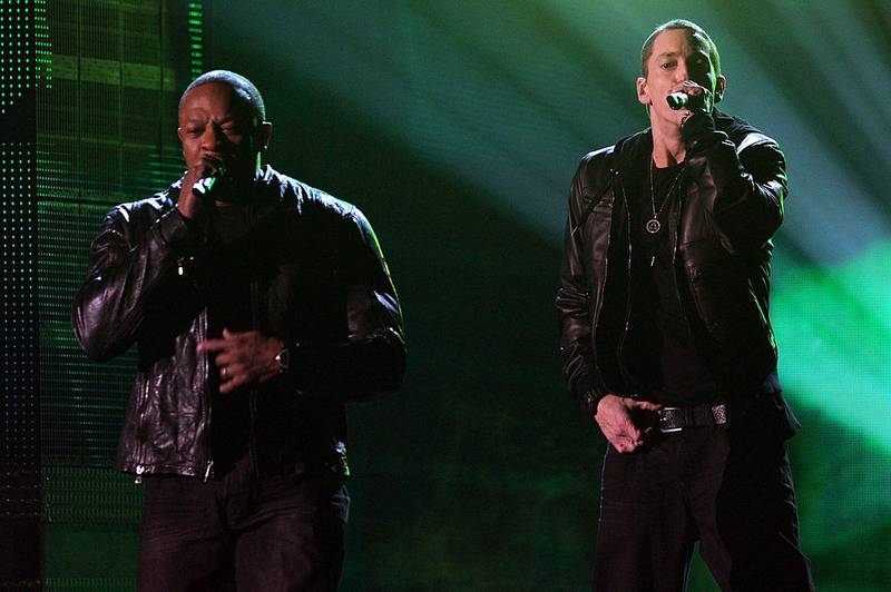 LOS ANGELES, CA - FEBRUARY 13:  Rappers Dr. Dre (L) and Eminem perform onstage during The 53rd Annual GRAMMY Awards held at Staples Center on February 13, 2011 in Los Angeles, California.  (Photo by Kevin Winter/Getty Images)